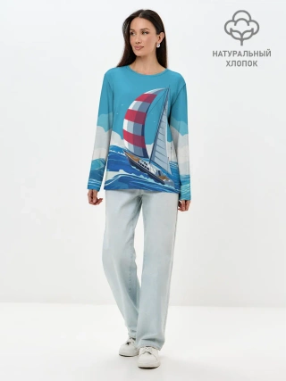 Лонгслив женский. Хлопок / ПАРУСНИК В МОРЕ | ЛЮБЛЮ МОРЕ