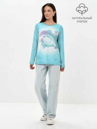 Лонгслив женский. Хлопок / Два дельфина