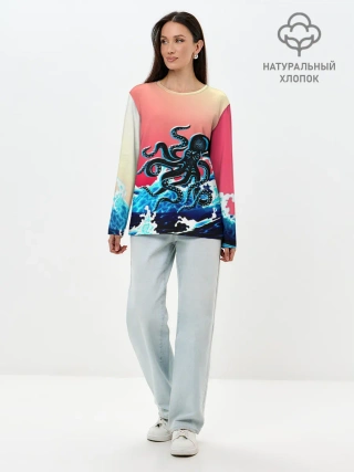 Лонгслив женский. Хлопок / Кракен в Море | Градиент