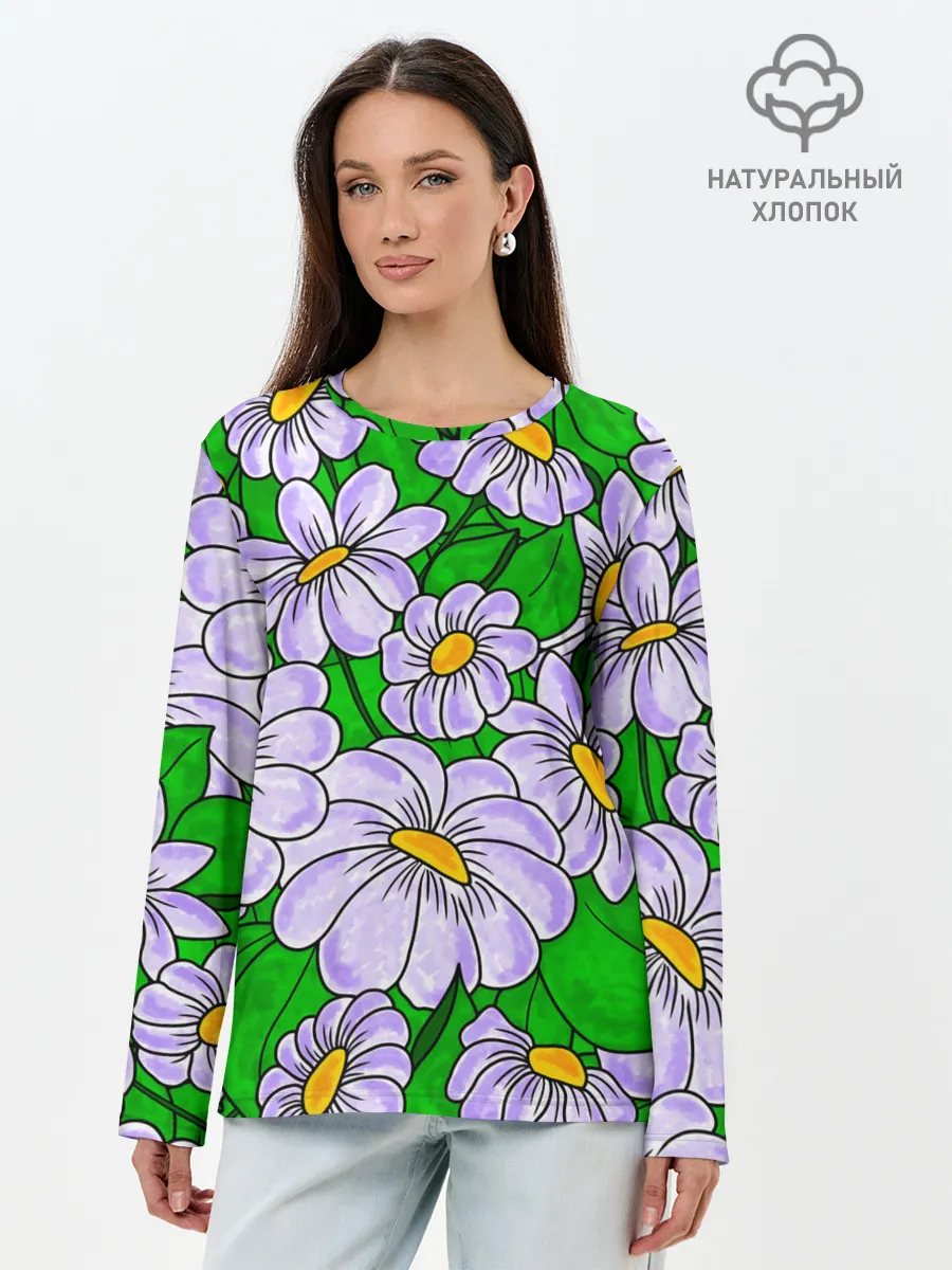 Лонгслив женский. Хлопок / Цветы Лавандовые ромашки
