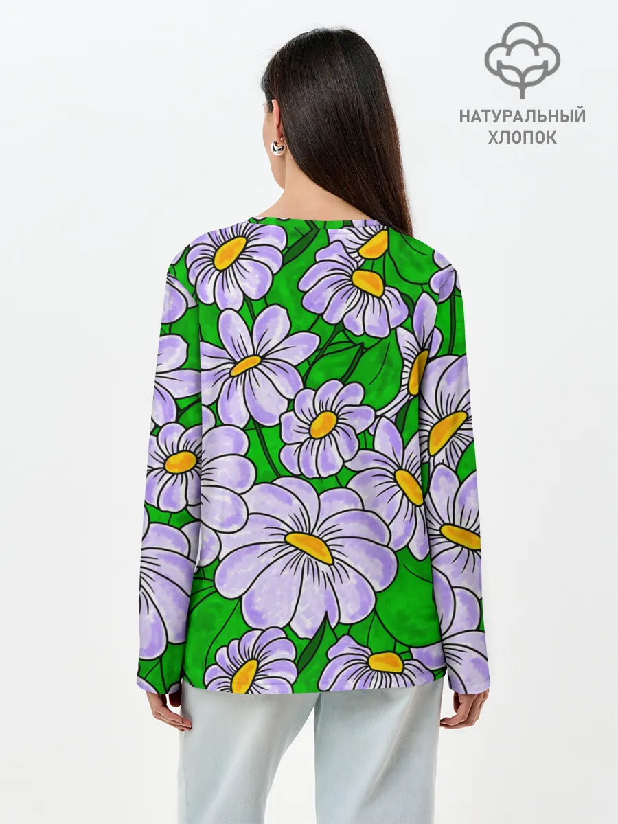 Лонгслив женский. Хлопок / Цветы Лавандовые ромашки