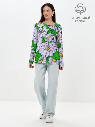 Лонгслив женский. Хлопок / Цветы Лавандовые ромашки