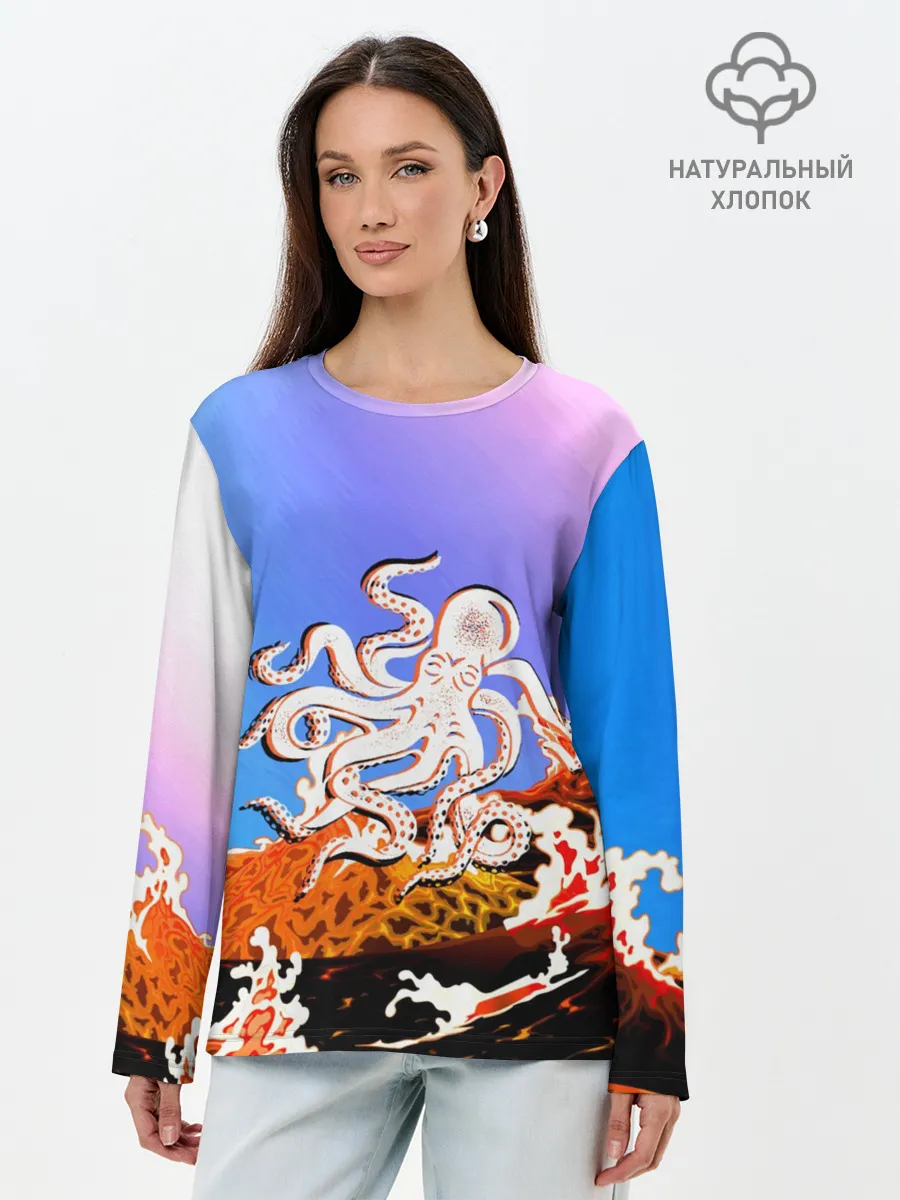 Лонгслив женский. Хлопок / Осьминог в Лаве | Градиент