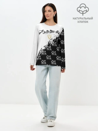 Лонгслив женский. Хлопок / Чёрный клевер черно-белый разрыв