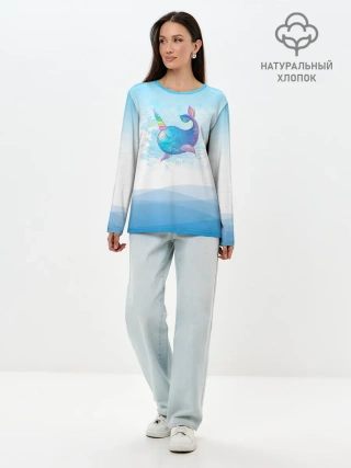 Лонгслив женский. Хлопок / Дельфин единорог