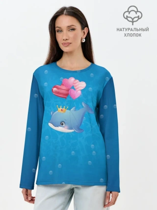 Лонгслив женский. Хлопок / Дельфин с воздушными шариками