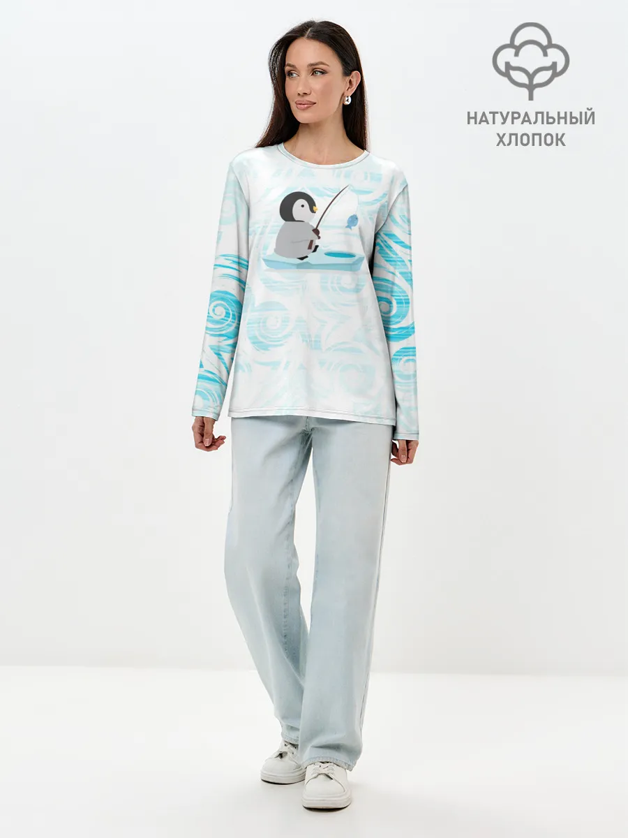 Лонгслив женский. Хлопок / Пингвин рыбачит