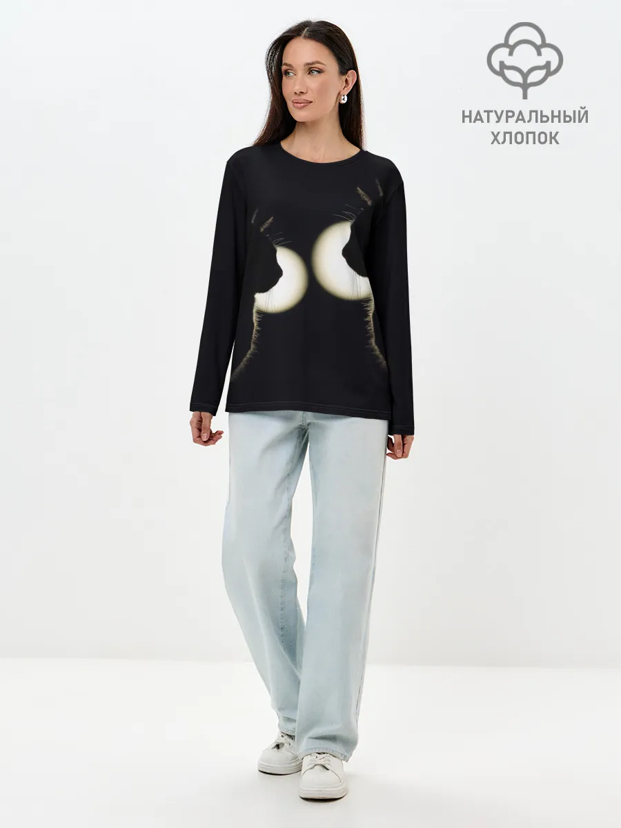 Лонгслив женский. Хлопок / Пара | Силуэты черных кошек