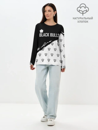 Лонгслив женский. Хлопок / Черные быки | Чёрный клевер