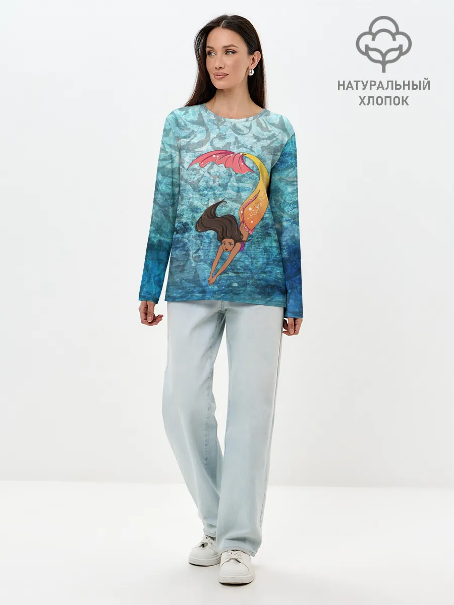 Лонгслив женский. Хлопок / Русалка | Подводный мир