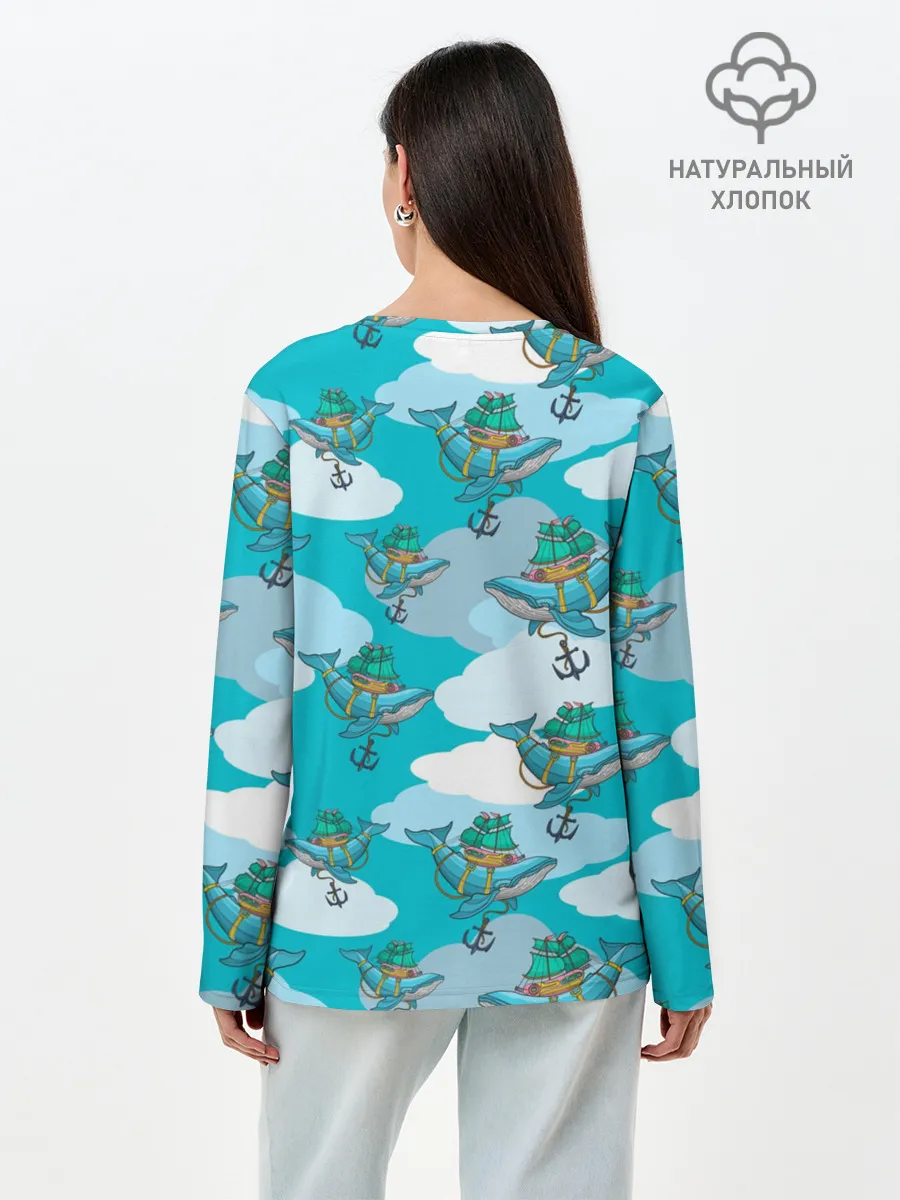 Лонгслив женский. Хлопок / Киты и корабль