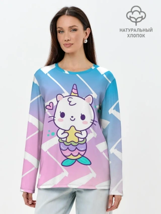Лонгслив женский. Хлопок / Котик-рыбка-единорог