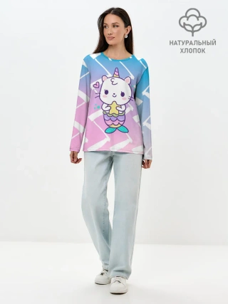 Лонгслив женский. Хлопок / Котик-рыбка-единорог