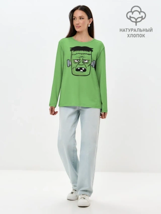 Лонгслив женский. Хлопок / Зеленый Франкенштейн
