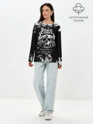 Лонгслив женский. Хлопок / Чёрный клевер череп демона