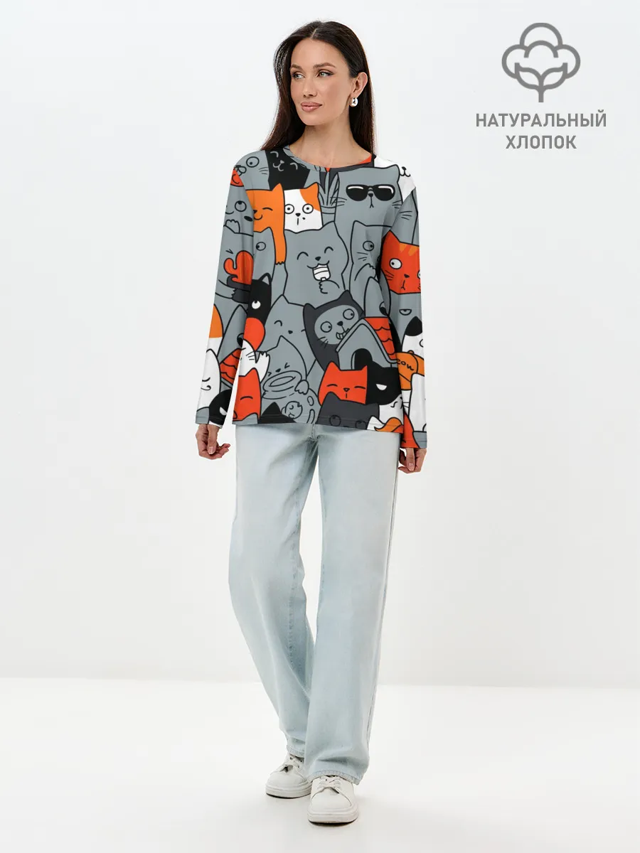 Лонгслив женский. Хлопок / Разноцветные коты