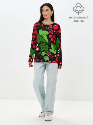 Лонгслив женский. Хлопок / ХОХЛОМА ЛИСТЬЯ И ЯГОДЫ