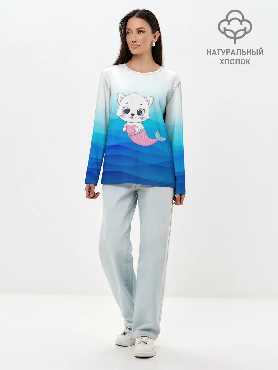 Лонгслив женский. Хлопок / Котик русалочка | Русалка с сердечком