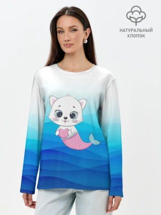 Лонгслив женский. Хлопок / Котик русалочка | Русалка с сердечком