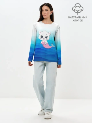 Лонгслив женский. Хлопок / Котик русалочка | Русалка с сердечком