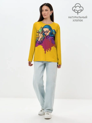 Лонгслив женский. Хлопок / Ретро. Девушка 90-х Арт.