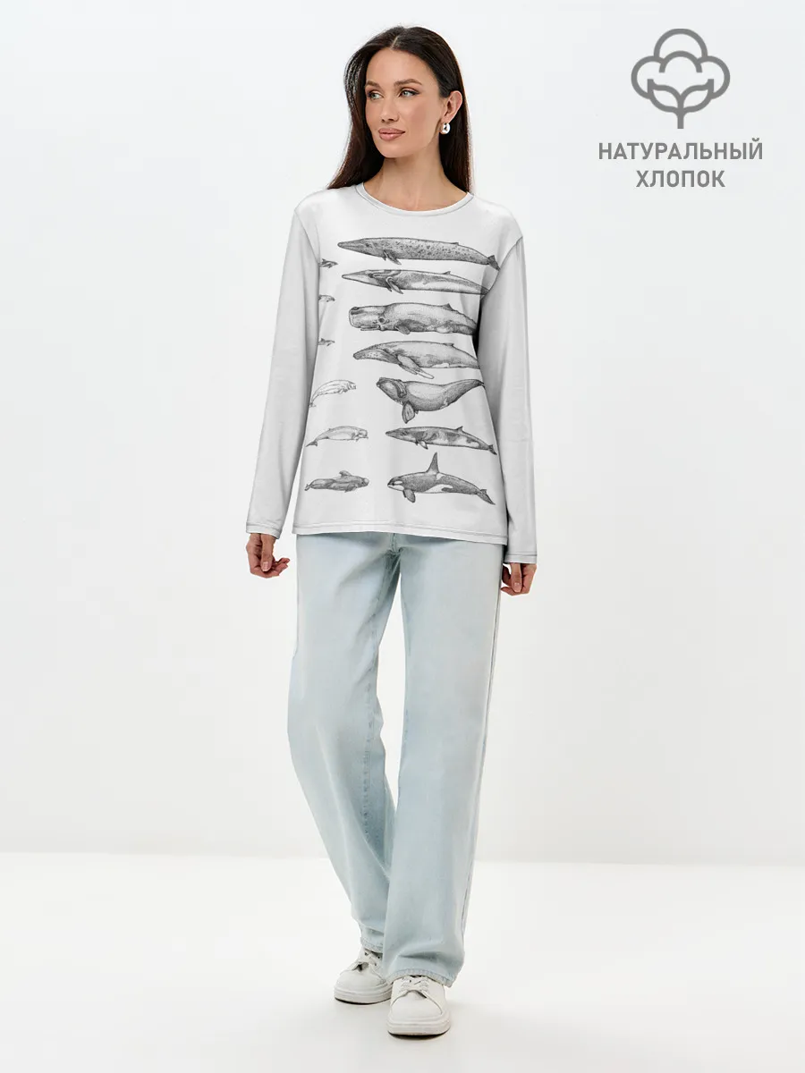 Лонгслив женский. Хлопок / киты графика