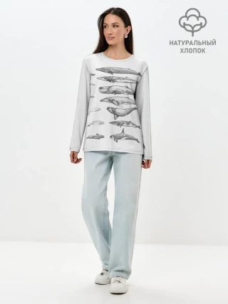 Лонгслив женский. Хлопок / киты графика