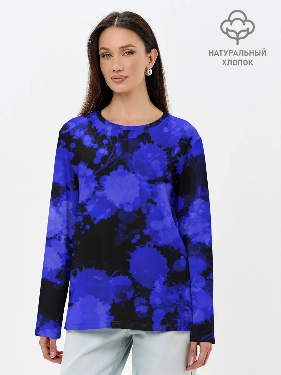Лонгслив женский. Хлопок / Синие Кляксы