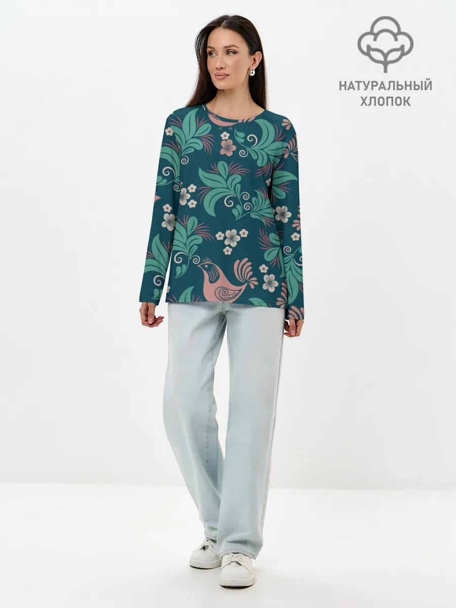 Лонгслив женский. Хлопок / Птицы в Цветах