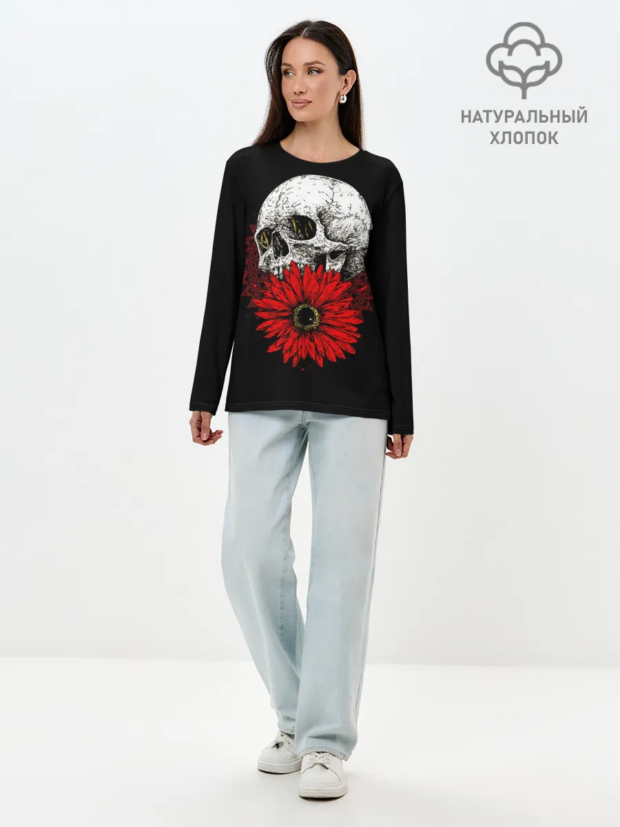 Лонгслив женский. Хлопок / Череп и Красный Цветок | Skull
