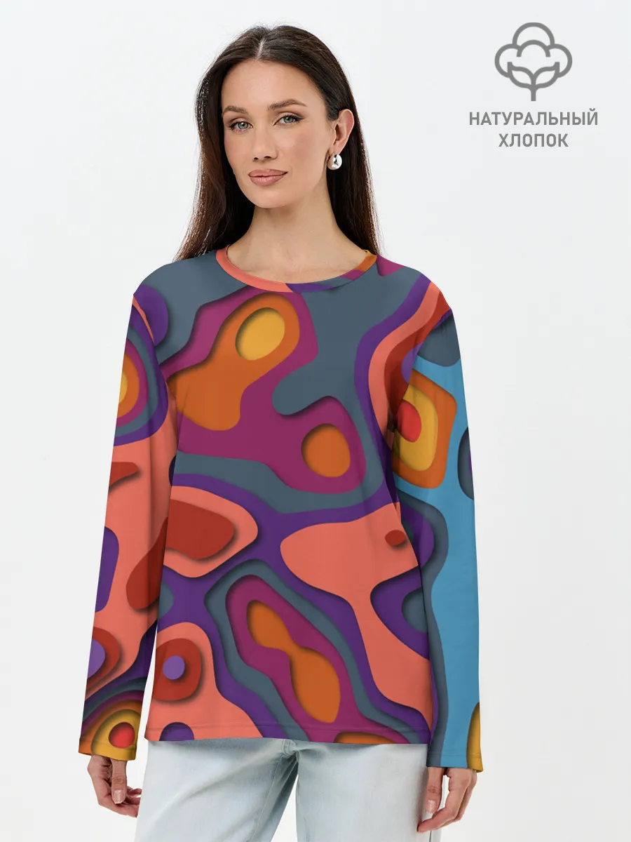 Лонгслив женский. Хлопок / РазноцВетная абстракция