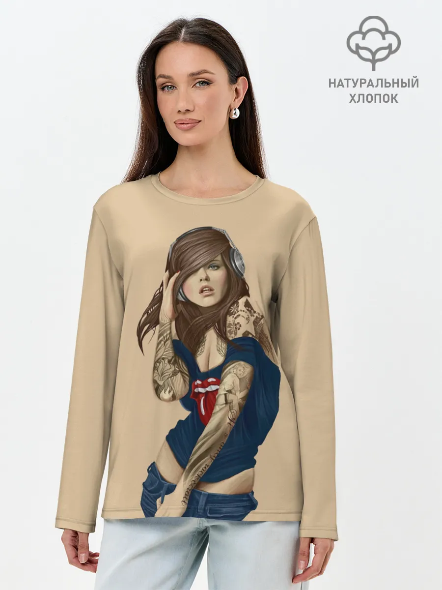 Лонгслив женский. Хлопок / ДевушКа слушает Музыку