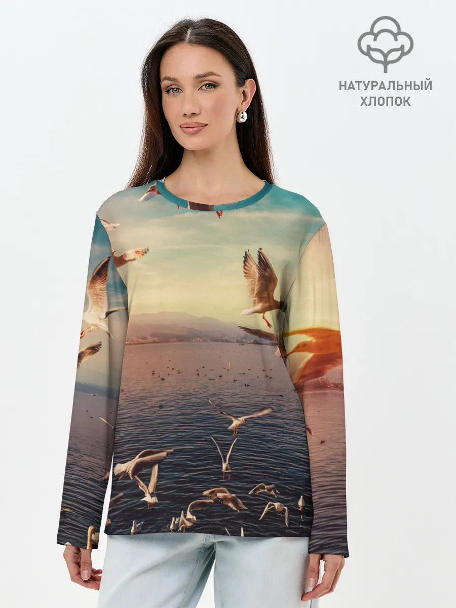 Лонгслив женский. Хлопок / Чайки на воде