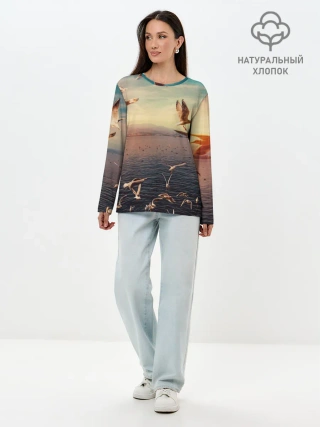 Лонгслив женский. Хлопок / Чайки на воде