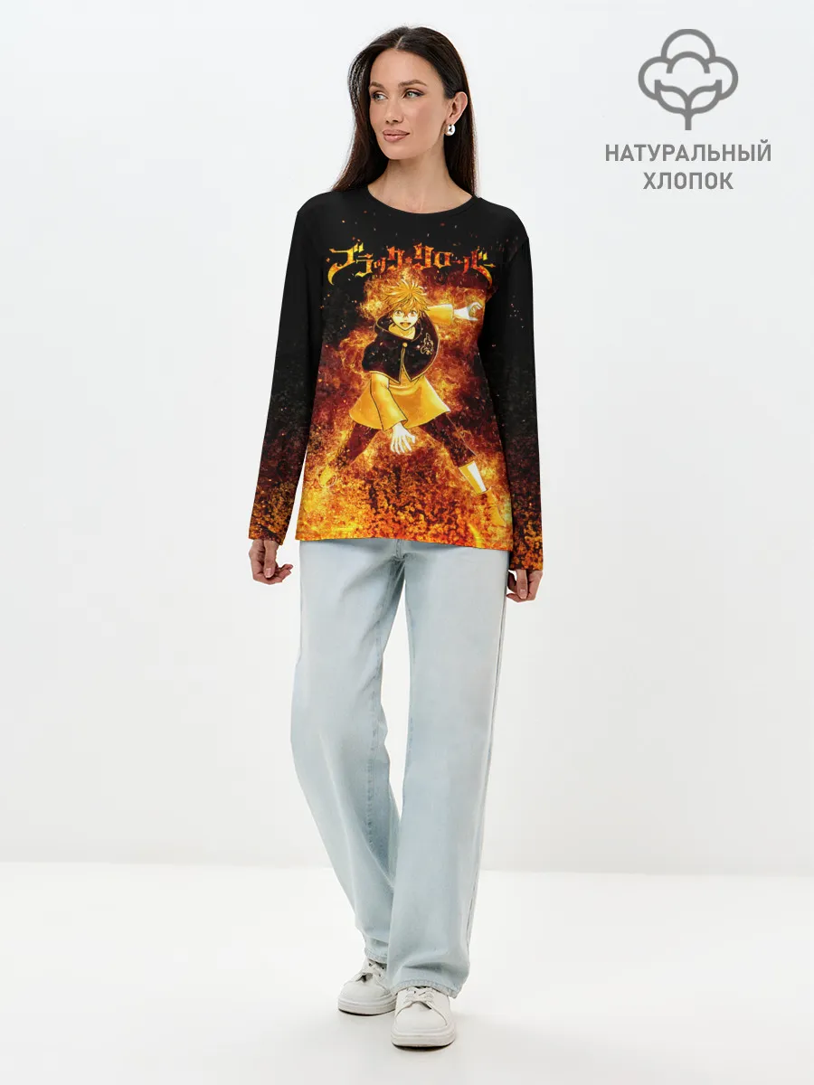 Лонгслив женский. Хлопок / Чёрный клевер Аста в огне