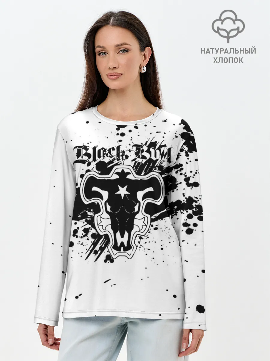 Лонгслив женский. Хлопок / Черные быки брызги Чёрный клевер