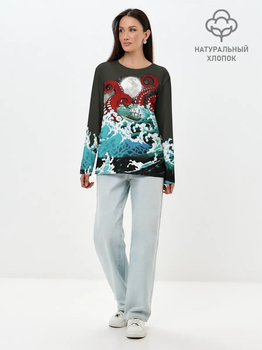 Лонгслив женский. Хлопок / Корабль на Волнах | Кракен