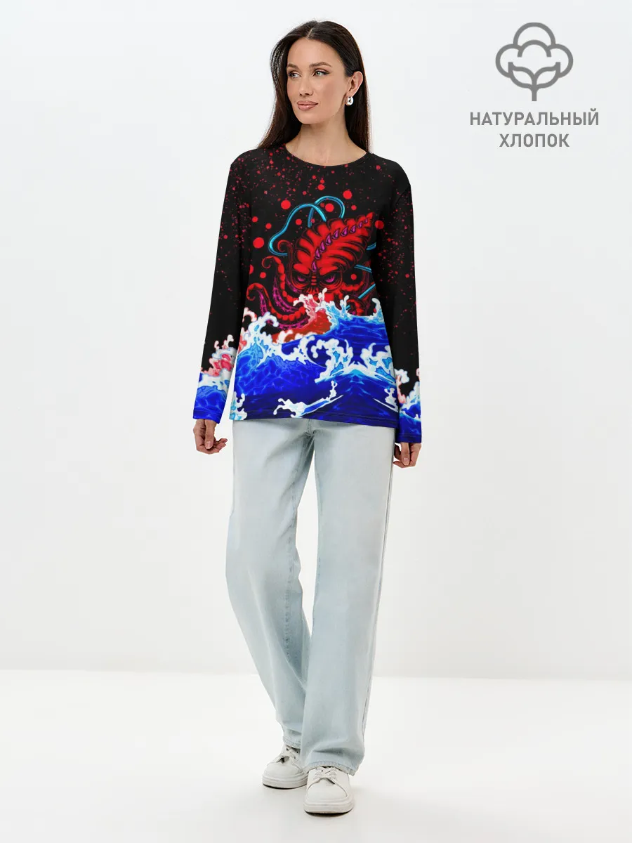 Лонгслив женский. Хлопок / Кровавый Кракен Монстр