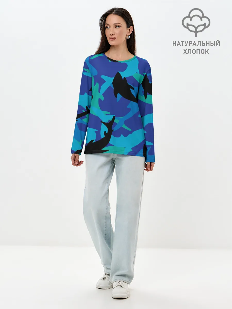 Лонгслив женский. Хлопок / Акулы паттерн