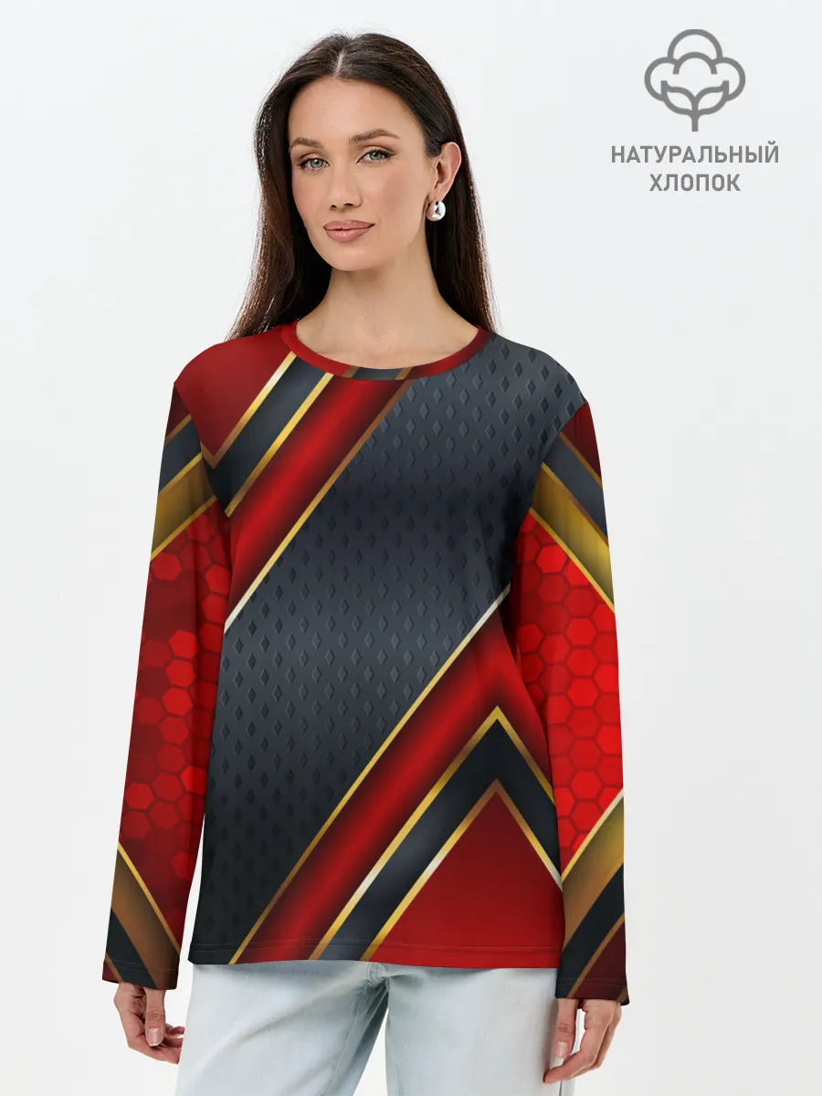 Лонгслив женский. Хлопок / Black & Red 3D