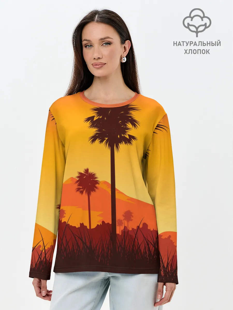 Лонгслив женский. Хлопок / Лето, Пальмы, вечер