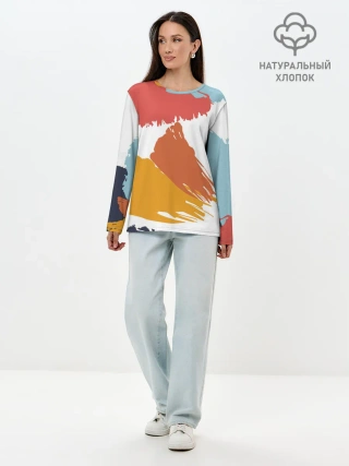 Лонгслив женский. Хлопок / Цветные пятна, мазки кистью