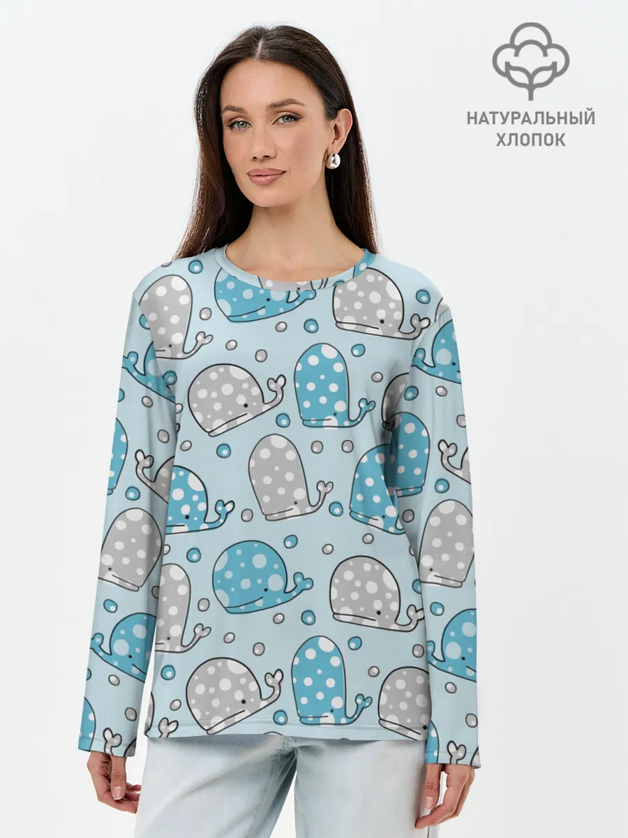 Лонгслив женский. Хлопок / Киты паттерн