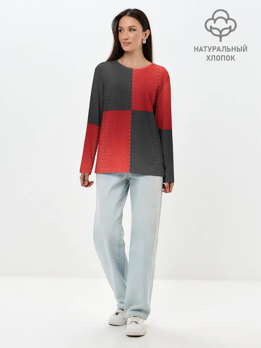 Лонгслив женский. Хлопок / Черно-красная Кожа