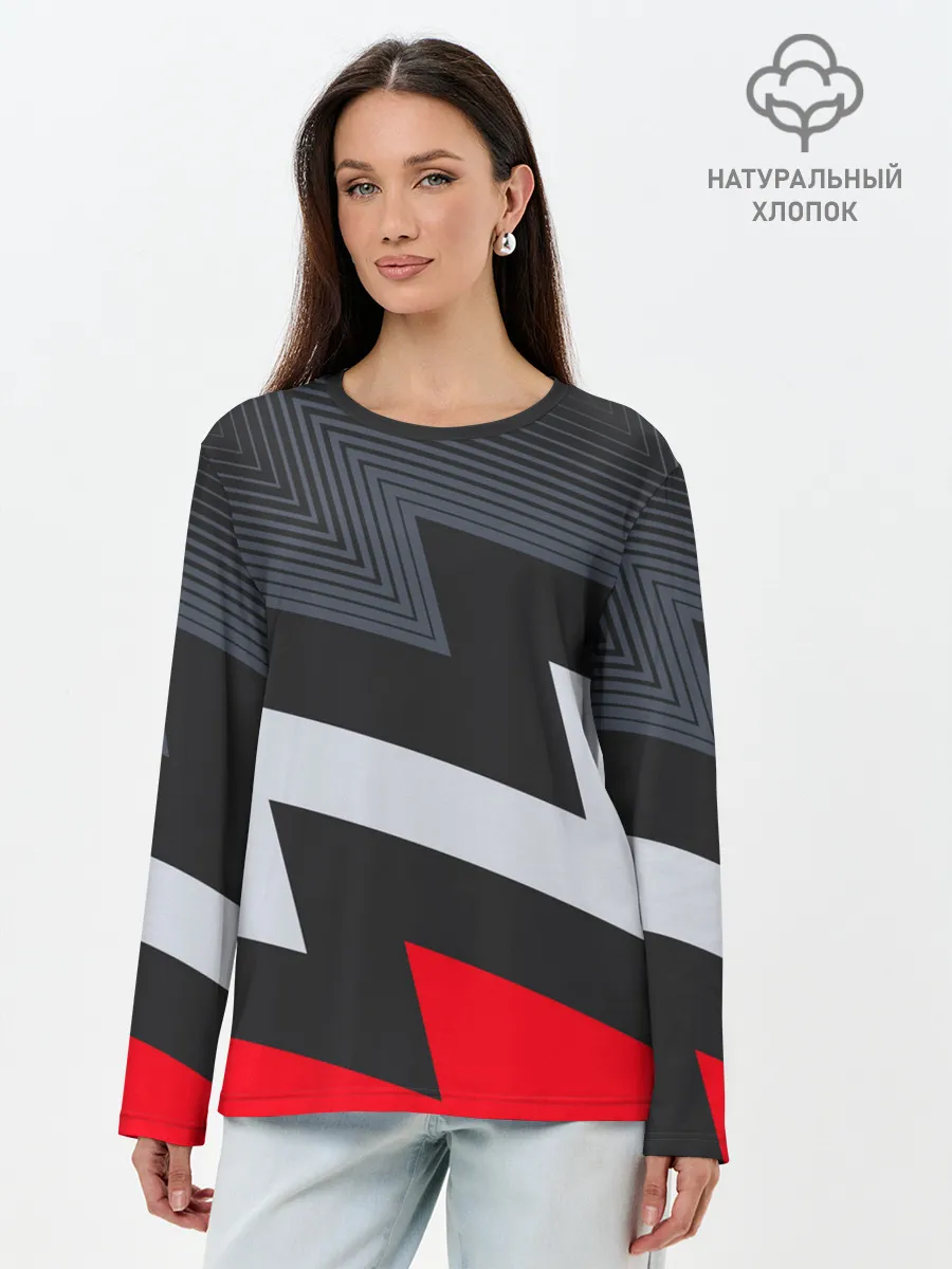 Лонгслив женский. Хлопок / Черно-красные зигзаги