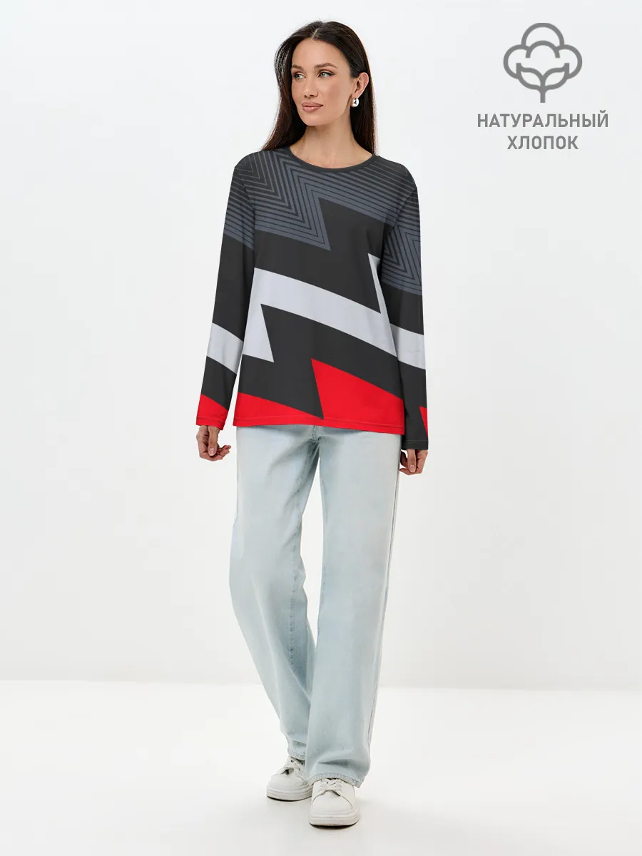 Лонгслив женский. Хлопок / Черно-красные зигзаги