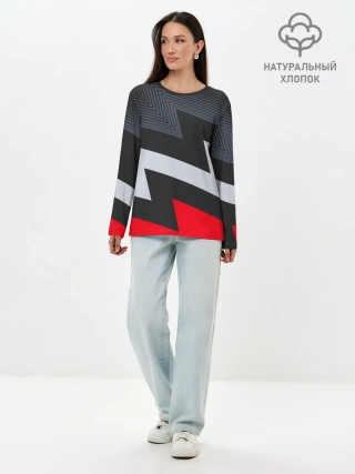 Лонгслив женский. Хлопок / Черно-красные зигзаги