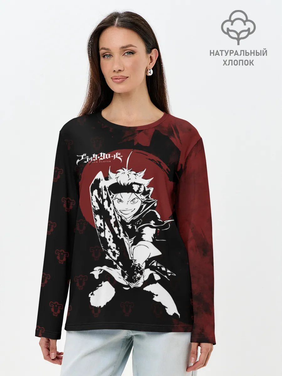Лонгслив женский. Хлопок / Чёрный клевер Аста с мечом