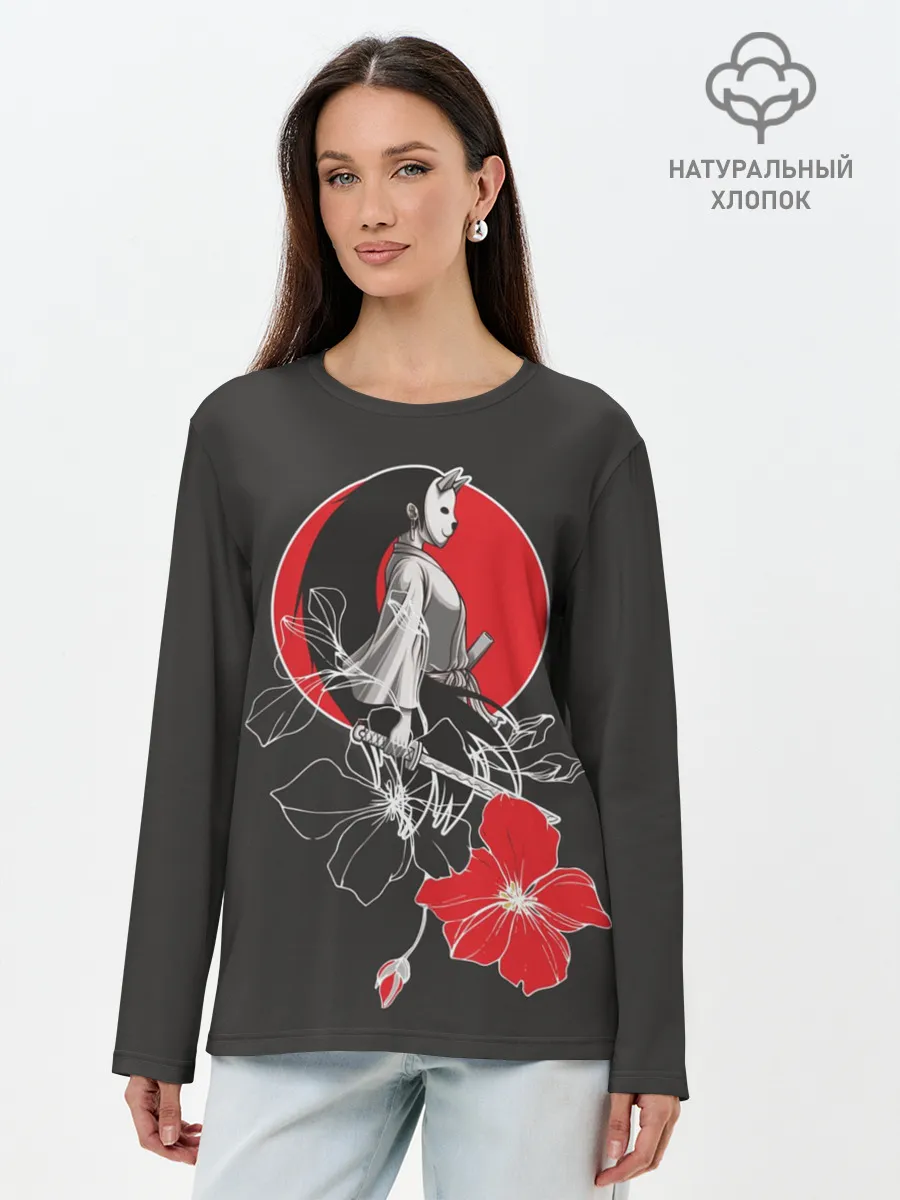 Лонгслив женский. Хлопок / Девушка-кошка-самурай