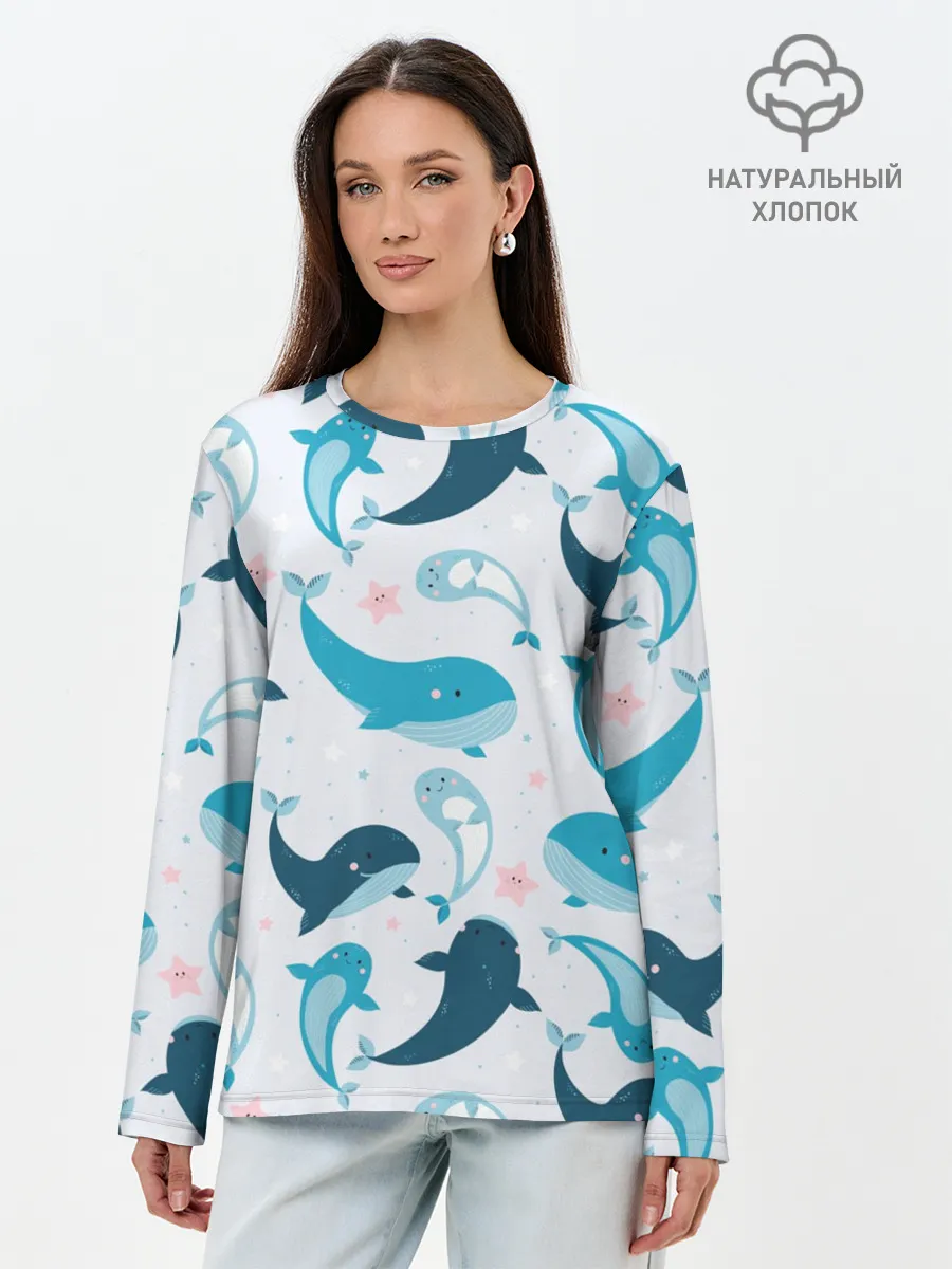 Лонгслив женский. Хлопок / Киты и тюлени
